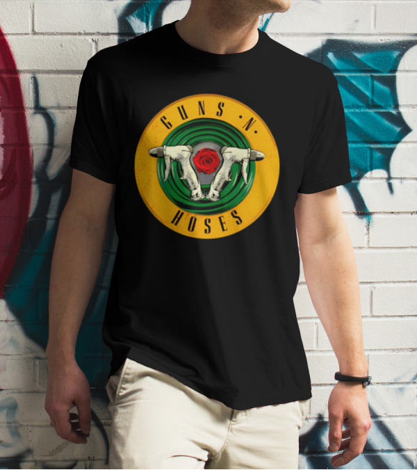 Guns N Hoses Firefighter Hydrant Nozzle Cross With Rose Circle Emblem T-Shirt