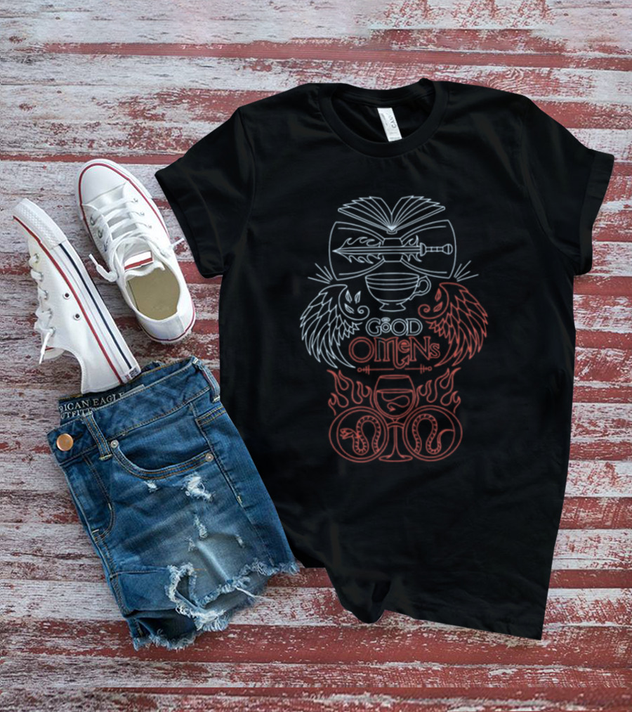 Autistjcgraham Good Omens Blu E Rossi Emblemi Doppio Angelo Spade E Serpenti Caduceo Maglietta T-Shirt