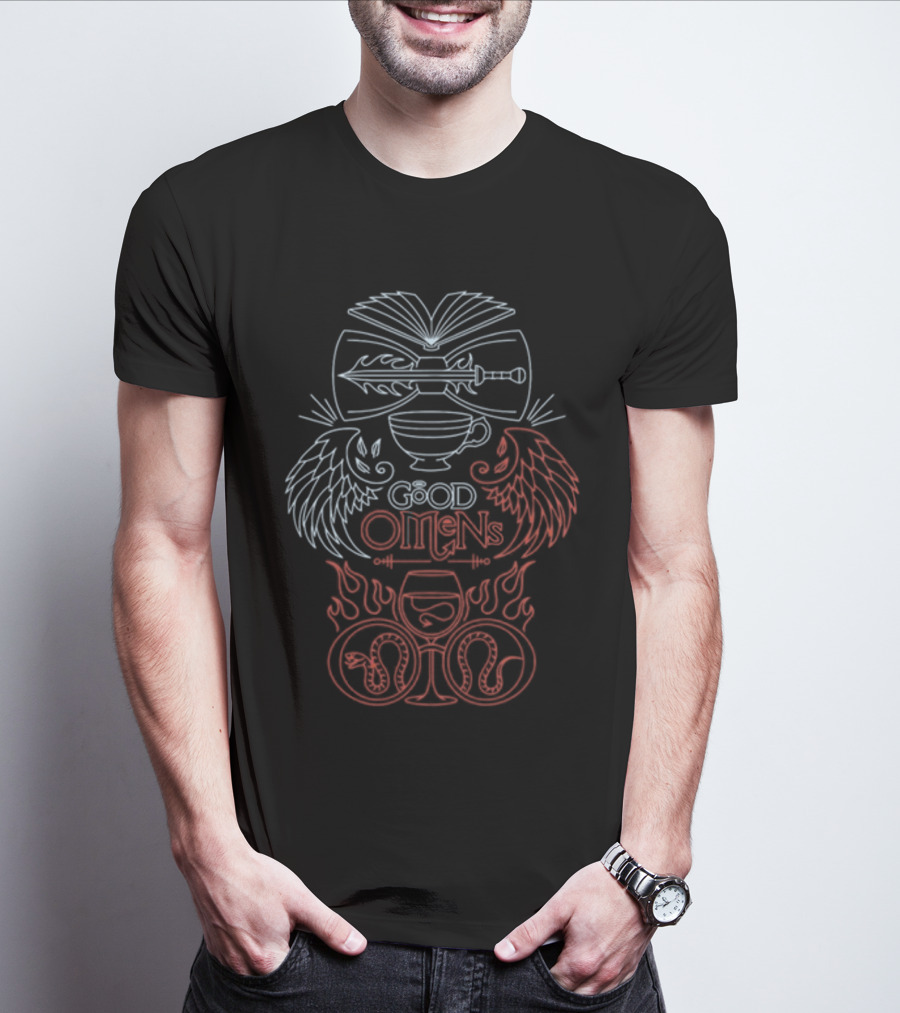 Autistjcgraham Good Omens Blu E Rossi Emblemi Doppio Angelo Spade E Serpenti Caduceo Maglietta T-Shirt