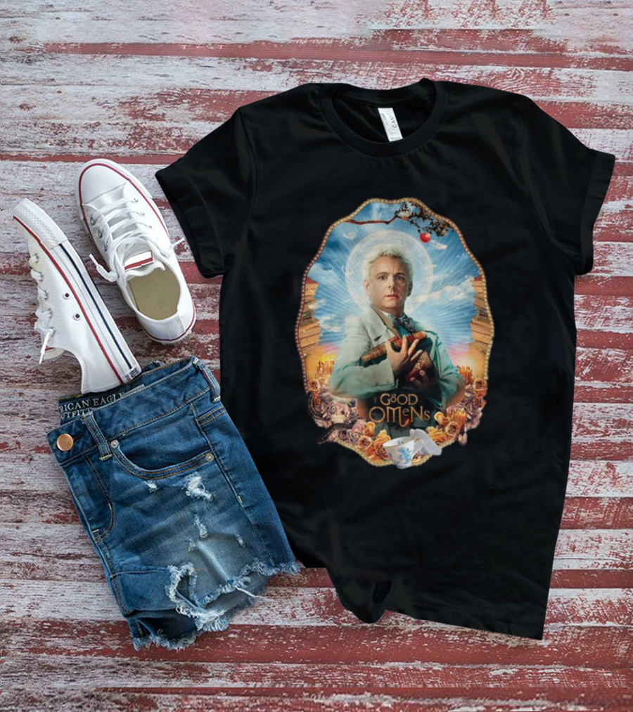 Good Omens Aziraphale Holding Books And Broken Tea Cup With Halo And Clouds T-Shirt