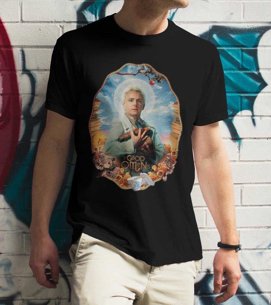 Good Omens Aziraphale Holding Books And Broken Tea Cup With Halo And Clouds T-Shirt