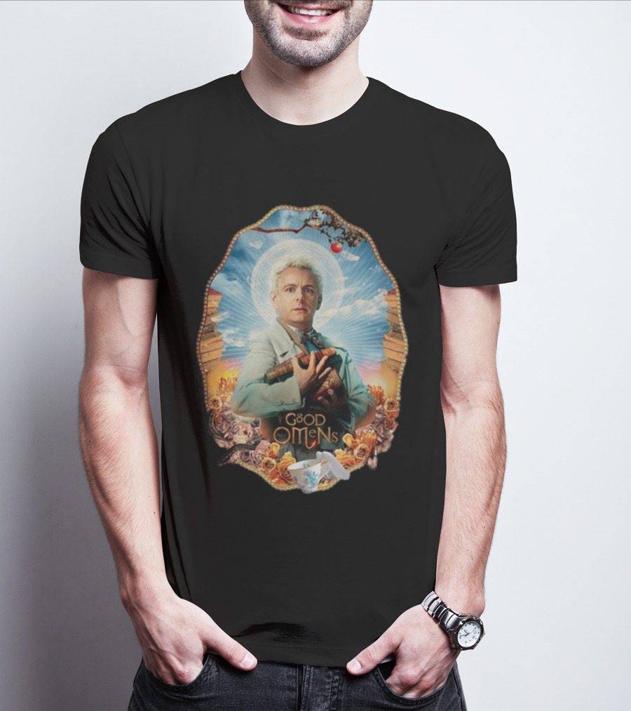 Good Omens Aziraphale Holding Books And Broken Tea Cup With Halo And Clouds T-Shirt