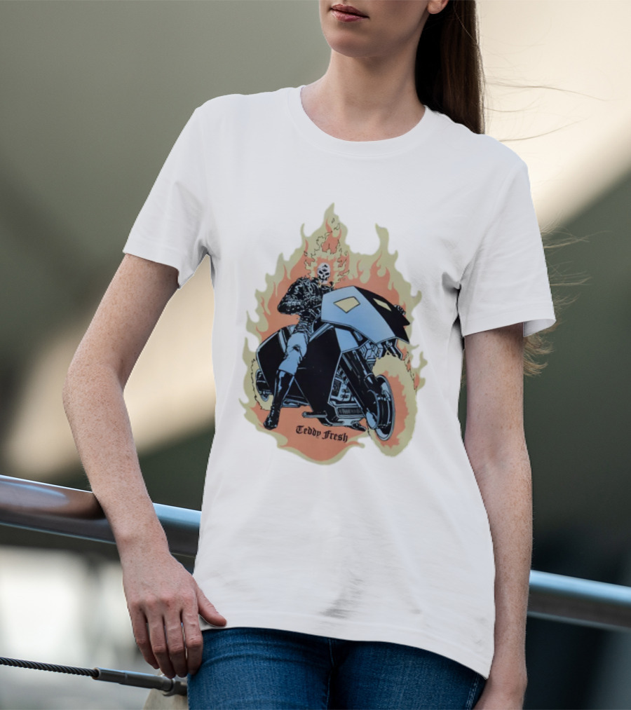 Teddy Fresh Tf X Marvel Ghost Rider Uv Activated Flames Motorcycle T-Shirt