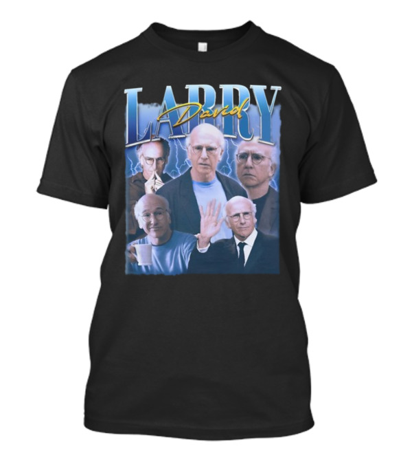Larry David Multi-Expression Collage With Blue Lightning Background T-Shirt
