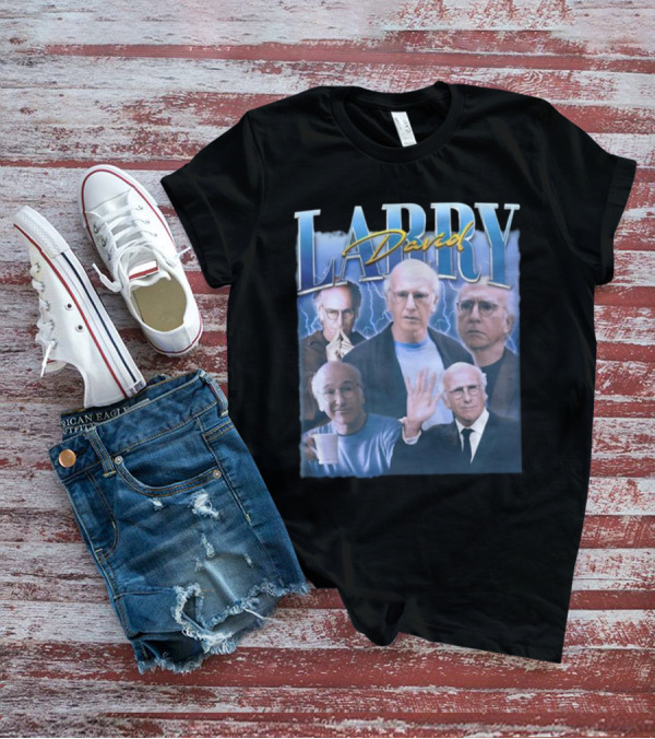 Larry David Multi-Expression Collage With Blue Lightning Background T-Shirt