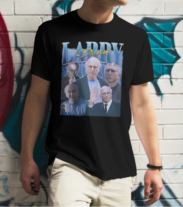 Larry David Multi-Expression Collage With Blue Lightning Background T-Shirt