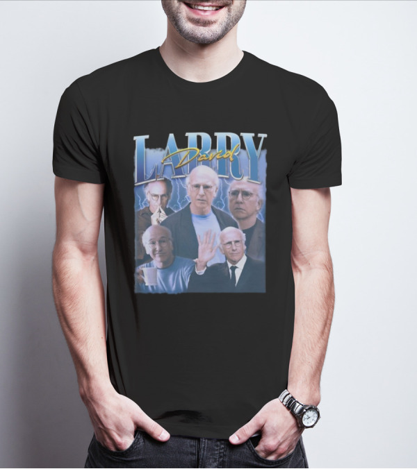 Larry David Multi-Expression Collage With Blue Lightning Background T-Shirt