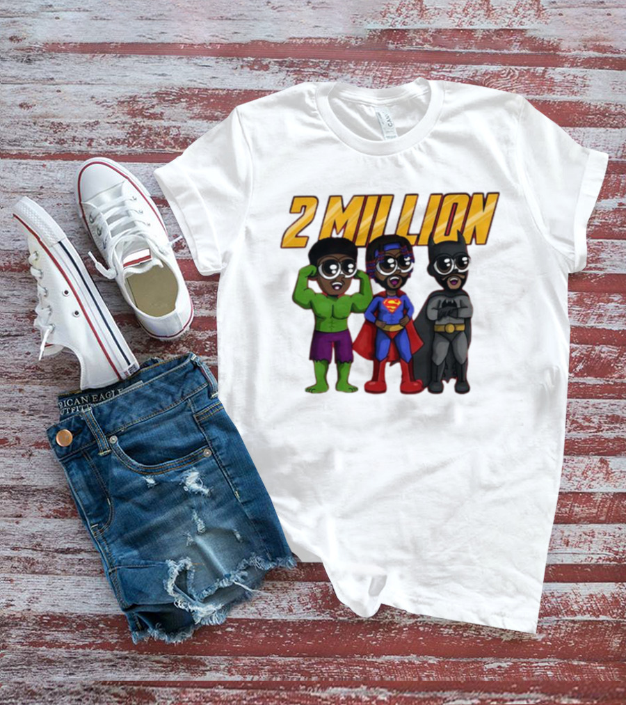 2 Million Superhero Celebration With Hulk Superman And Batman Characters T-Shirt