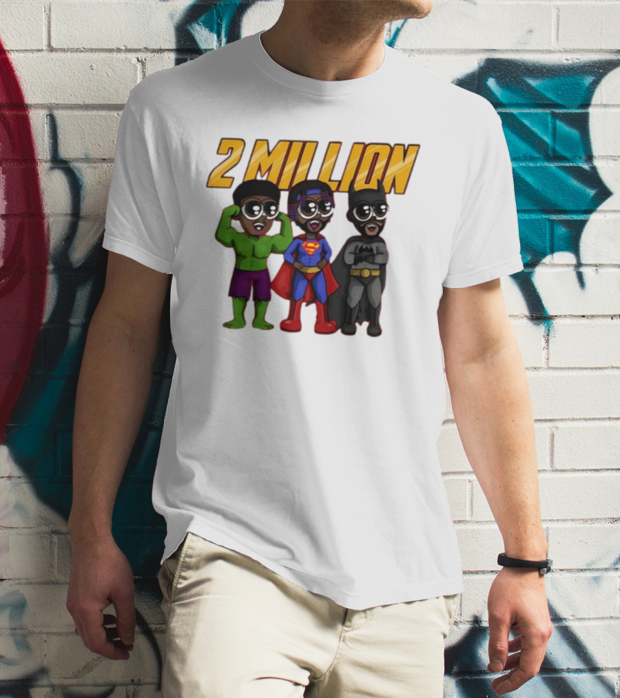 2 Million Superhero Celebration With Hulk Superman And Batman Characters T-Shirt