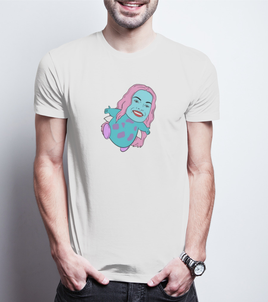 Margot X Bibble Fusion Cartoon Character With Pink Hair And Smiling Face On Blue Creature Body T-Shirt
