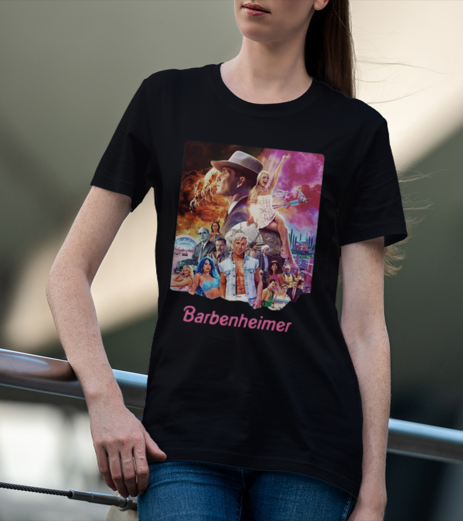 Barbenheimer Explosive Vintage Mashup In Vibrant Retro Style With Iconic Characters T-Shirt