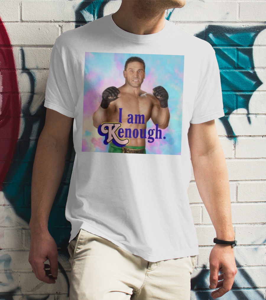 Brogan Ken Shamrock I Am Kenough Boxer Gloves Blue Pink Background T-Shirt
