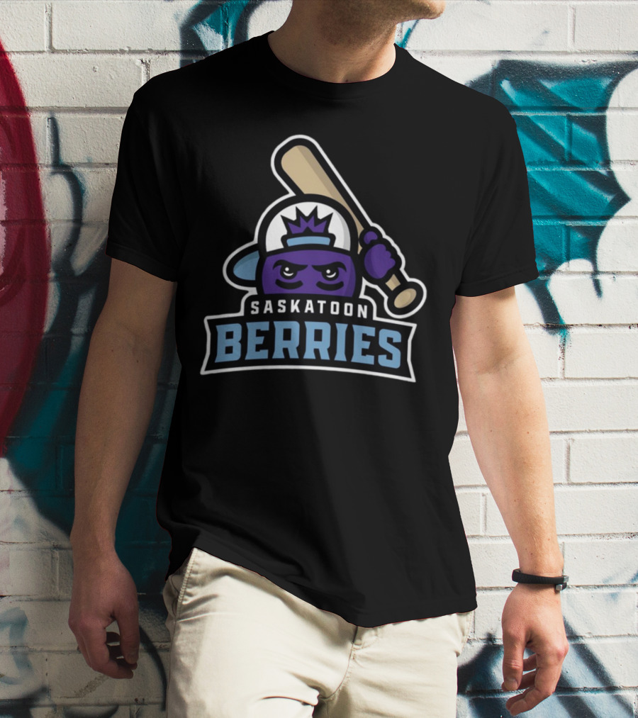 Saskatoon Berries Baseball Mascot With Crown And Bat T-Shirt