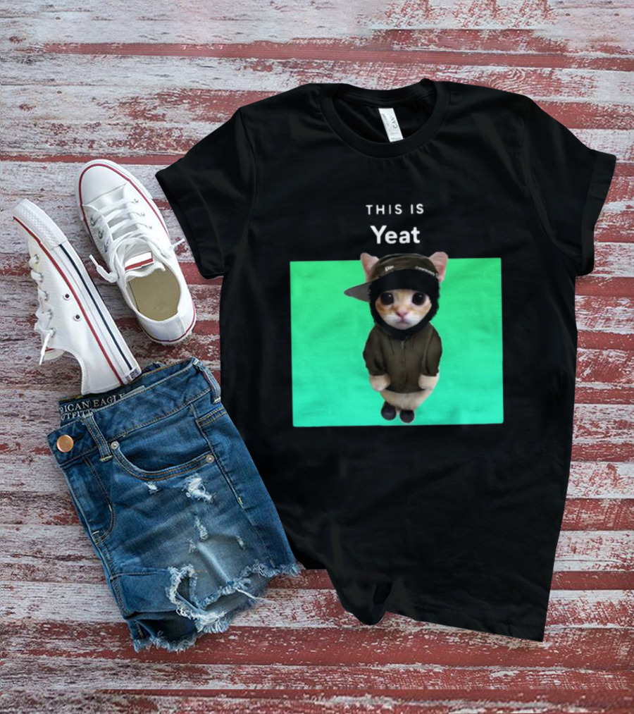 Yeat Cat Wearing Hoodie And Cap On Green Background T-Shirt