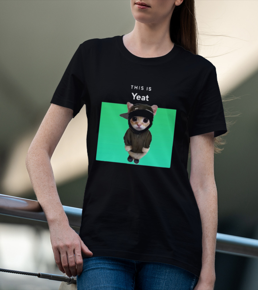 Yeat Cat Wearing Hoodie And Cap On Green Background T-Shirt