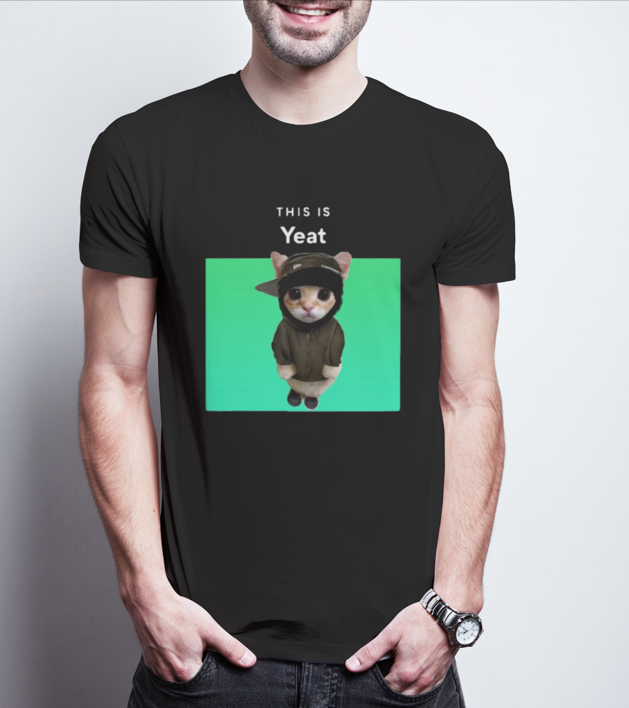 Yeat Cat Wearing Hoodie And Cap On Green Background T-Shirt