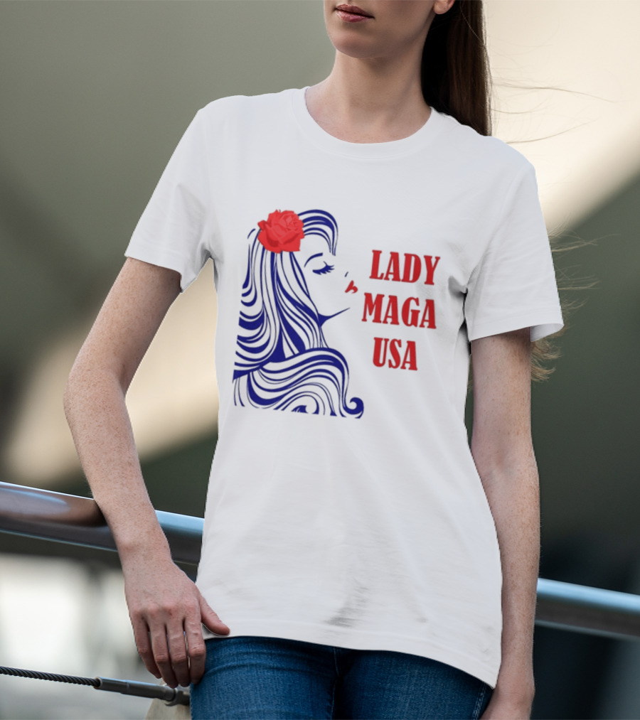 Lady Maga USA Bold Red And Blue Portrait With Rose T-Shirt