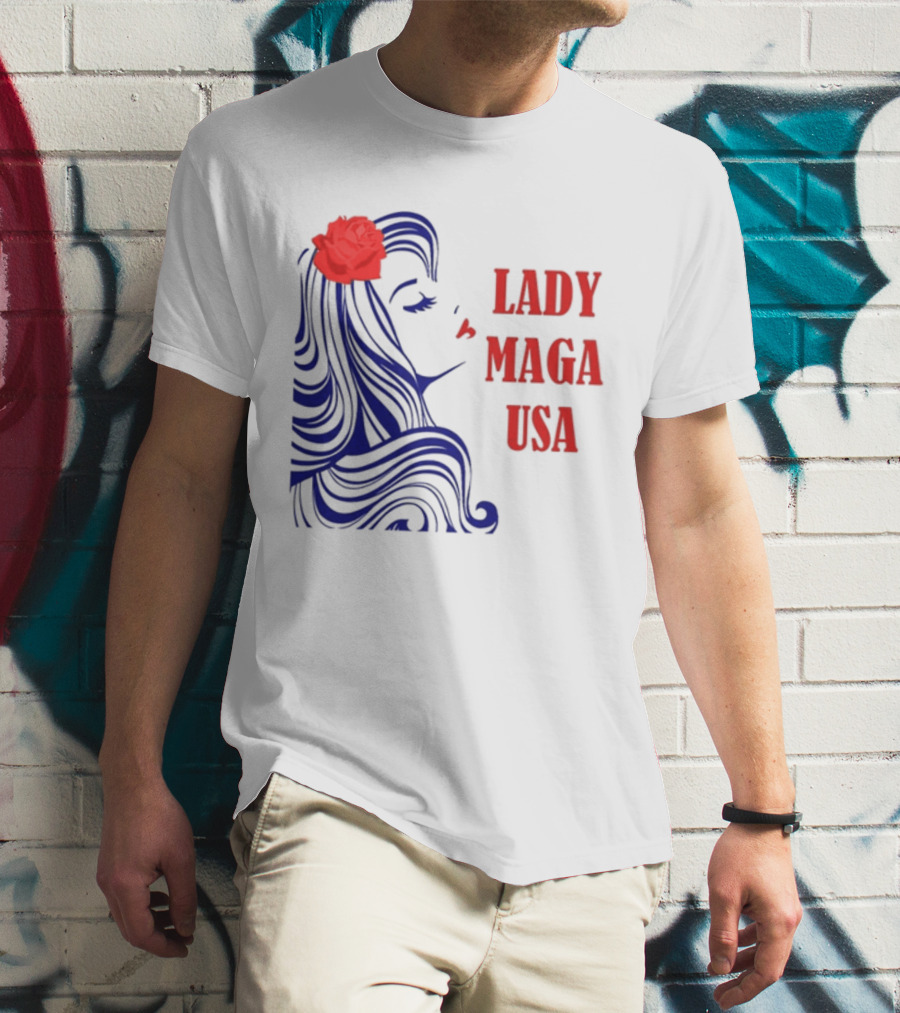 Lady Maga USA Bold Red And Blue Portrait With Rose T-Shirt