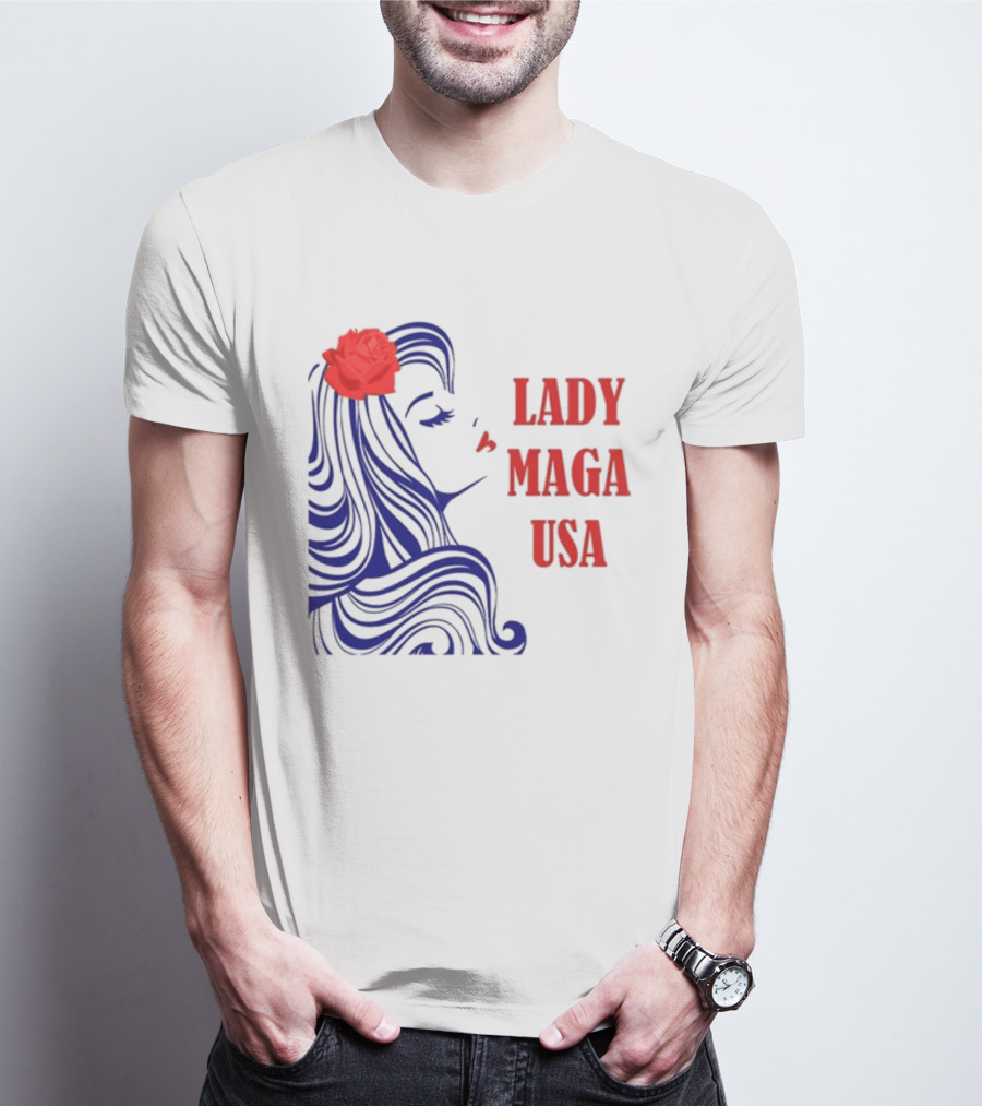 Lady Maga USA Bold Red And Blue Portrait With Rose T-Shirt