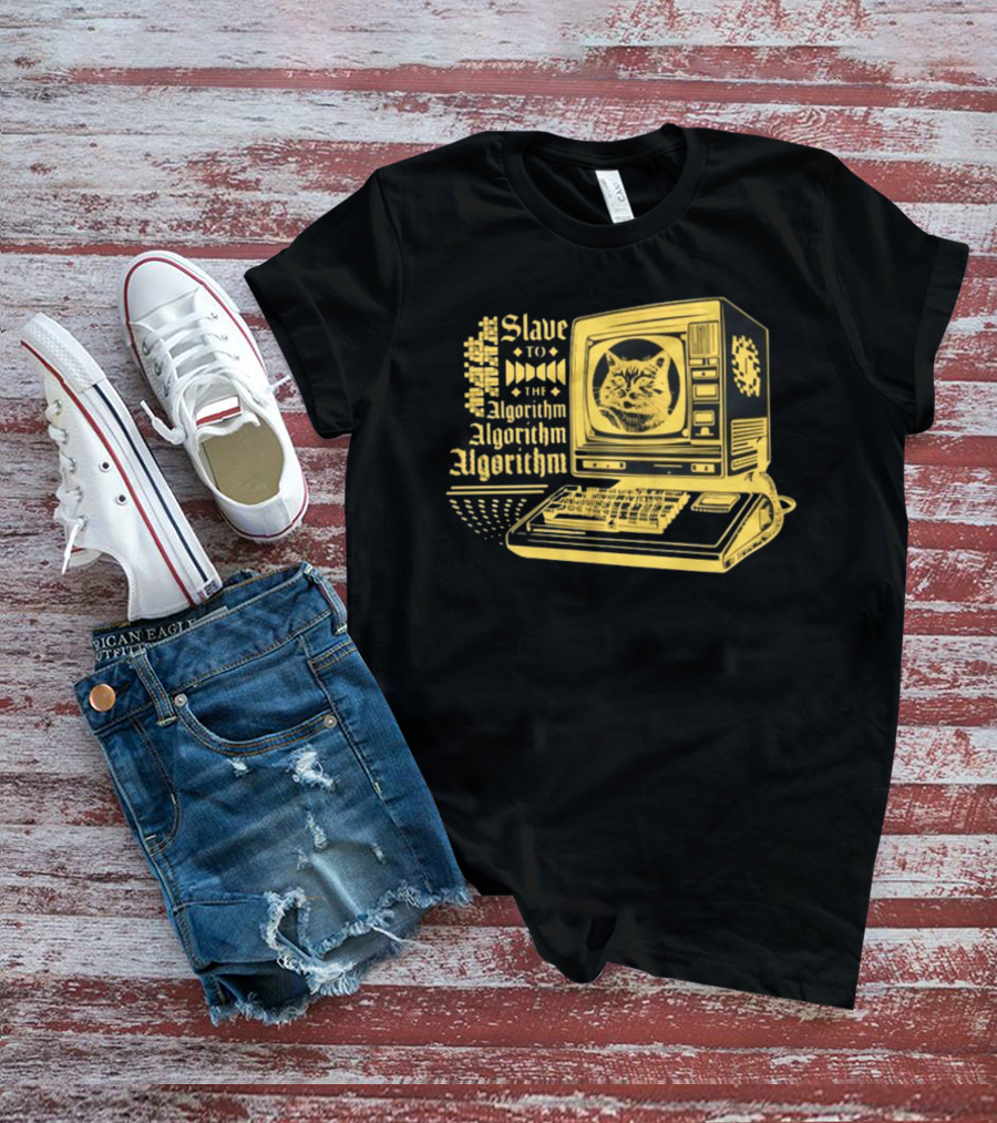Freddytylerpaul Slave To The Algorithm Retro Computer Cat T-Shirt