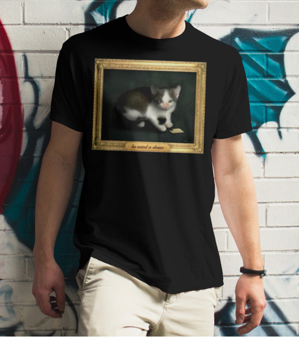 He Eated A Cheese Cat Dainty Portrait In Gold Frame T-Shirt