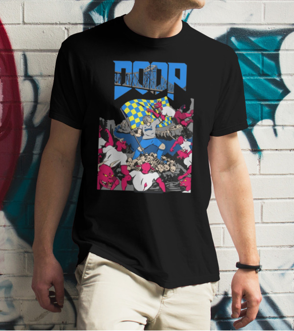 Doom Soccer Player Leading Team With Flag Surrounded By Red Demons T-Shirt
