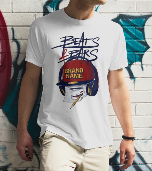 Beats And Bars Brand Name Hat Headphones Pencil Sketch T-Shirt