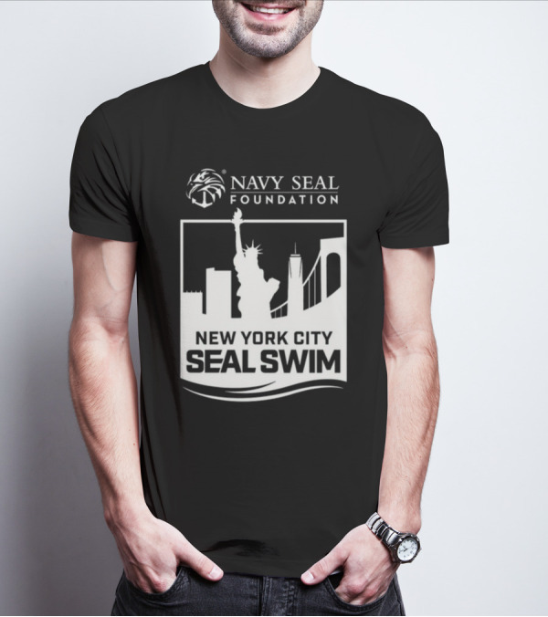 Navy Seal Foundation New York City Seal Swim Statue Of Liberty Bridge Skyline T-Shirt