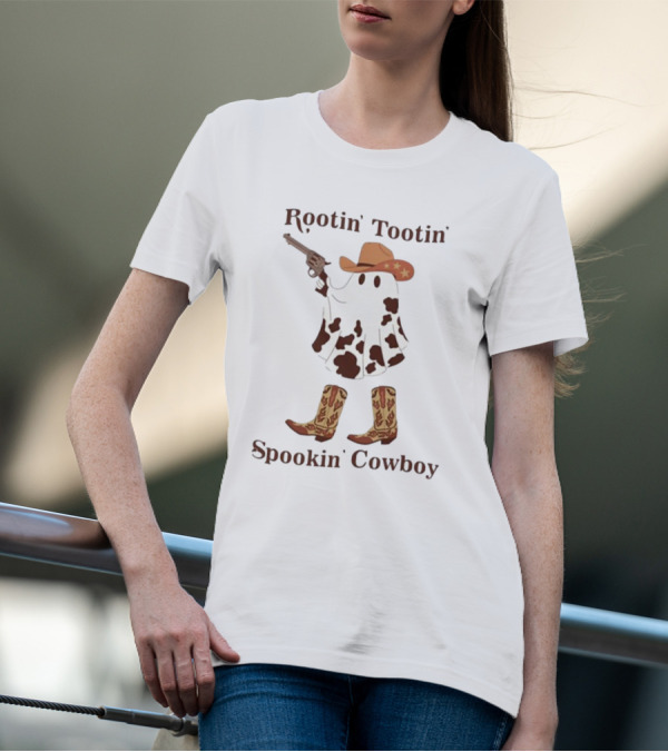 Gotfunny Rootin' Tootin' Spookin' Cowboy Brown Boots Ghost Hat Gun Blazing T-Shirt