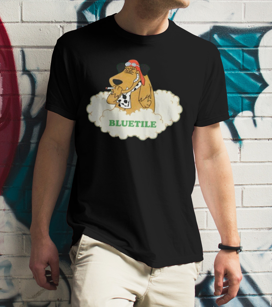 Bluetile Smiling Dog With Aviator Goggles And Bone Scarf In Clouds T-Shirt