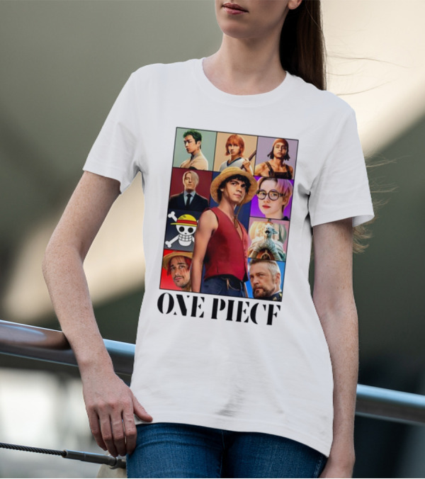 One Piece Characters Collage With Skull And Straw Hat T-Shirt