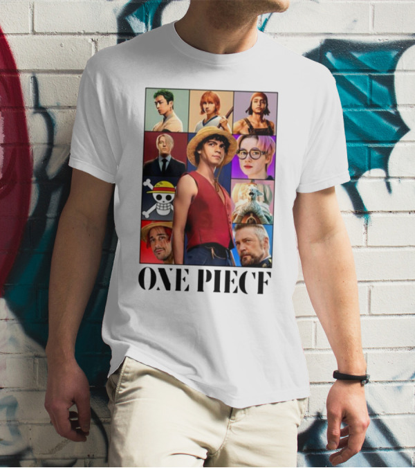 One Piece Characters Collage With Skull And Straw Hat T-Shirt