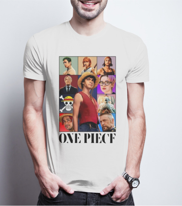 One Piece Characters Collage With Skull And Straw Hat T-Shirt