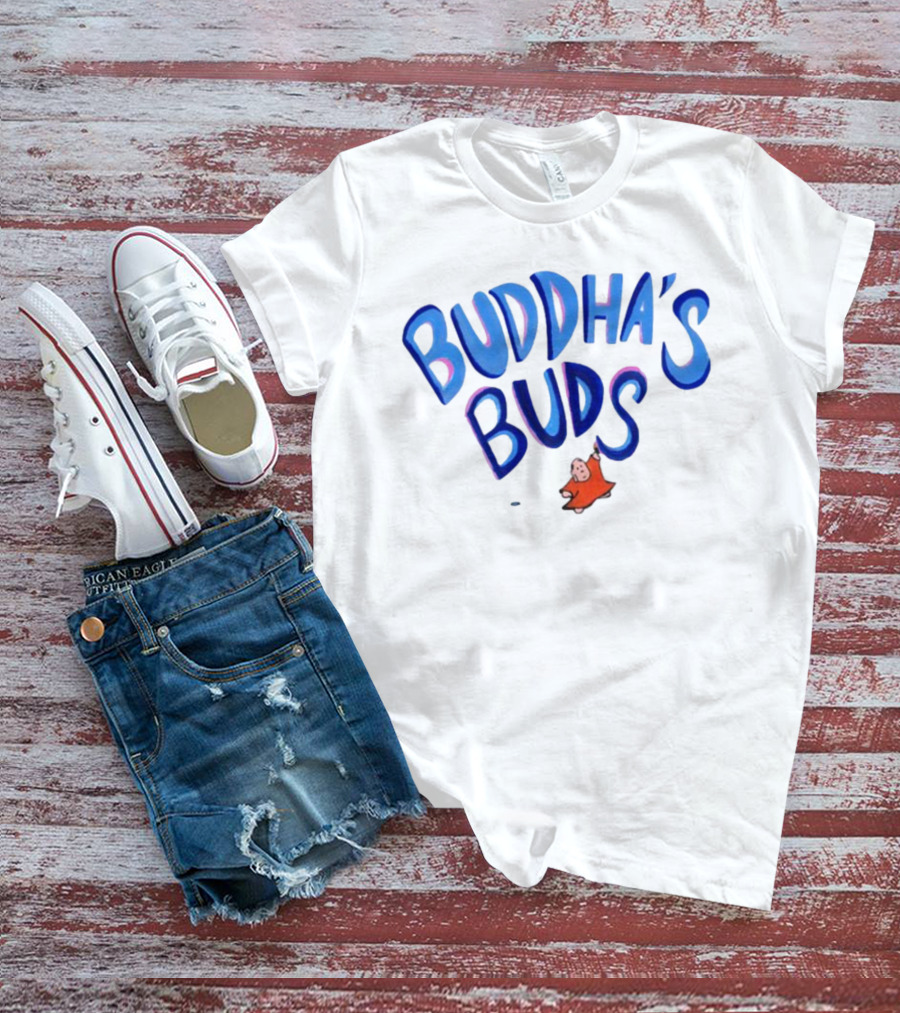 Buddha's Buds Blue Lettering With Cartoon Figure T-Shirt