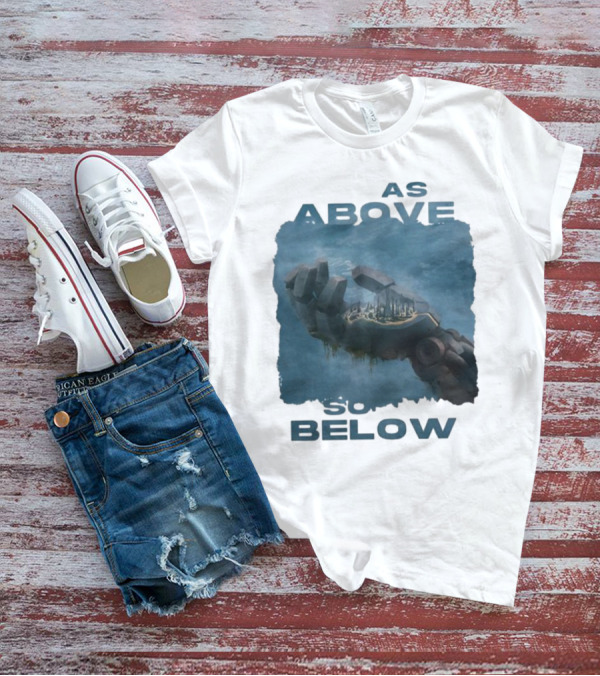 Essenger X Cryoshell As Above So Below Robotic Hand Holding Cityscape T-Shirt