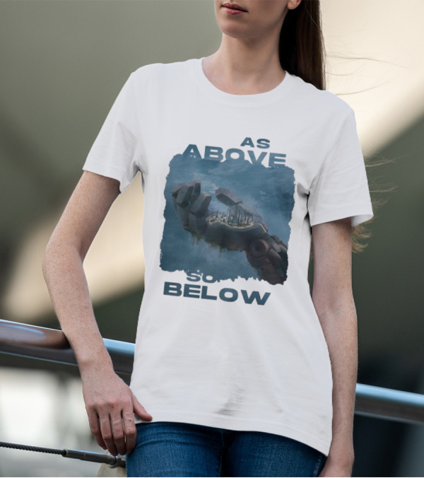 Essenger X Cryoshell As Above So Below Robotic Hand Holding Cityscape T-Shirt
