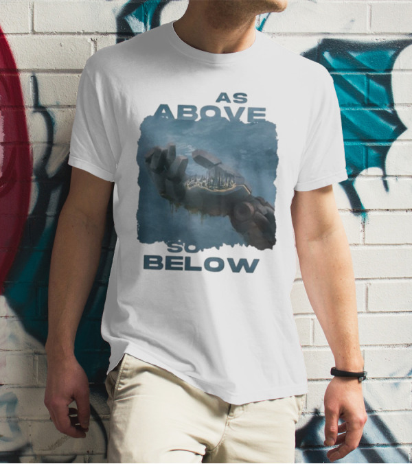 Essenger X Cryoshell As Above So Below Robotic Hand Holding Cityscape T-Shirt