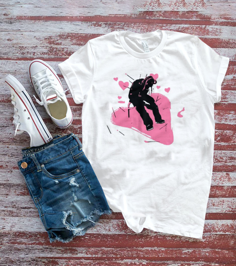 Drokenji Hearts White Pink Heart Black T-Shirt