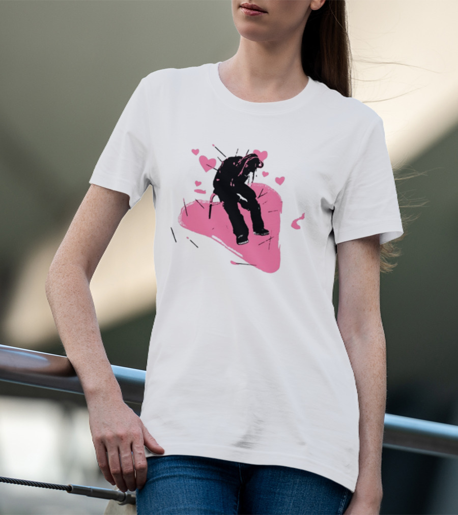 Drokenji Hearts White Pink Heart Black T-Shirt