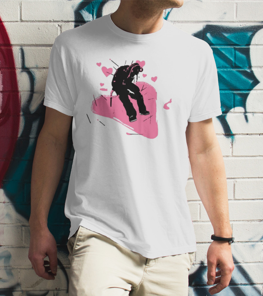 Drokenji Hearts White Pink Heart Black T-Shirt