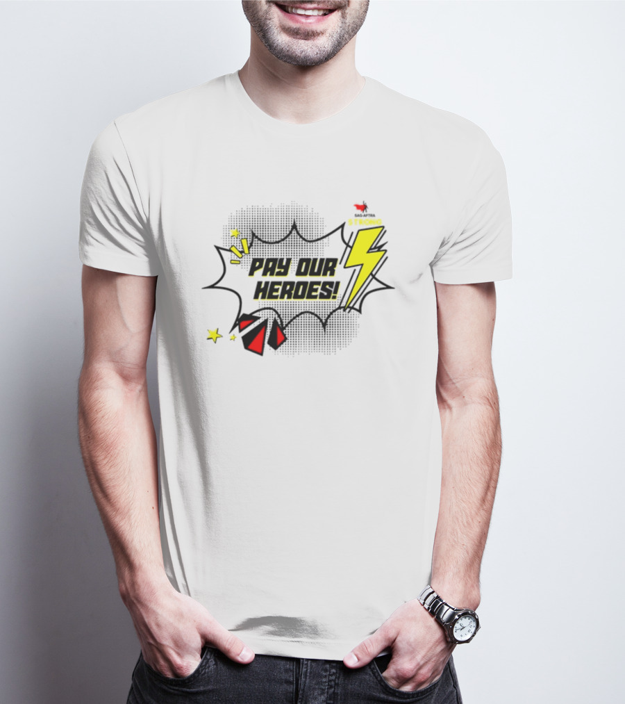 Sag-Aftra Strong Pay Our Heroes Comic Style Lightning Bolt And Stars T-Shirt