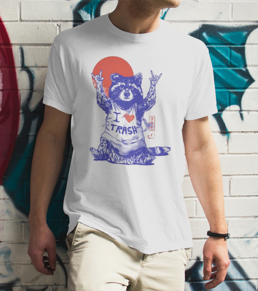 Wickedclothes I Love Trash Raccoon Rock Gesture Red Moon T-Shirt