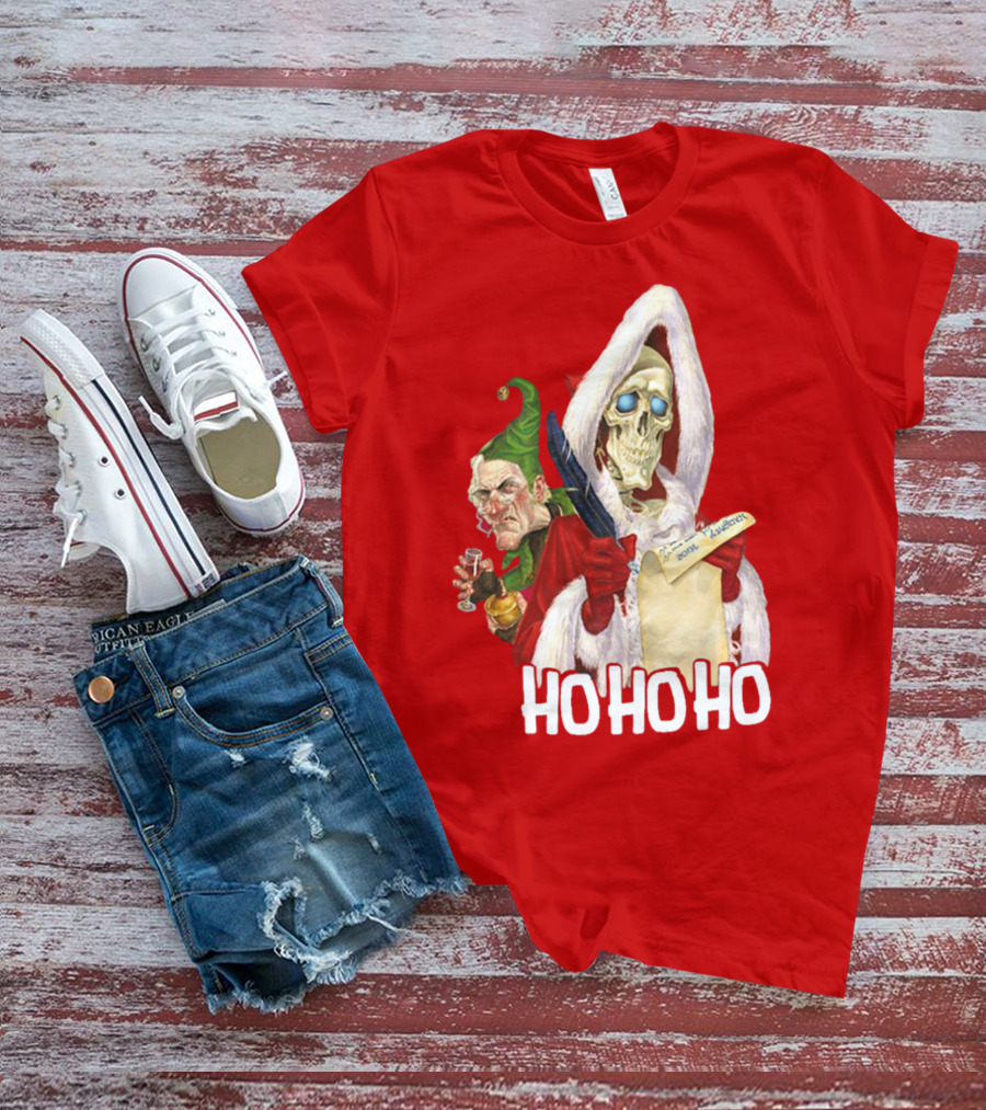 Ho Ho Ho Death With Albert Hogs Santa Skeleton And Elf T-Shirt