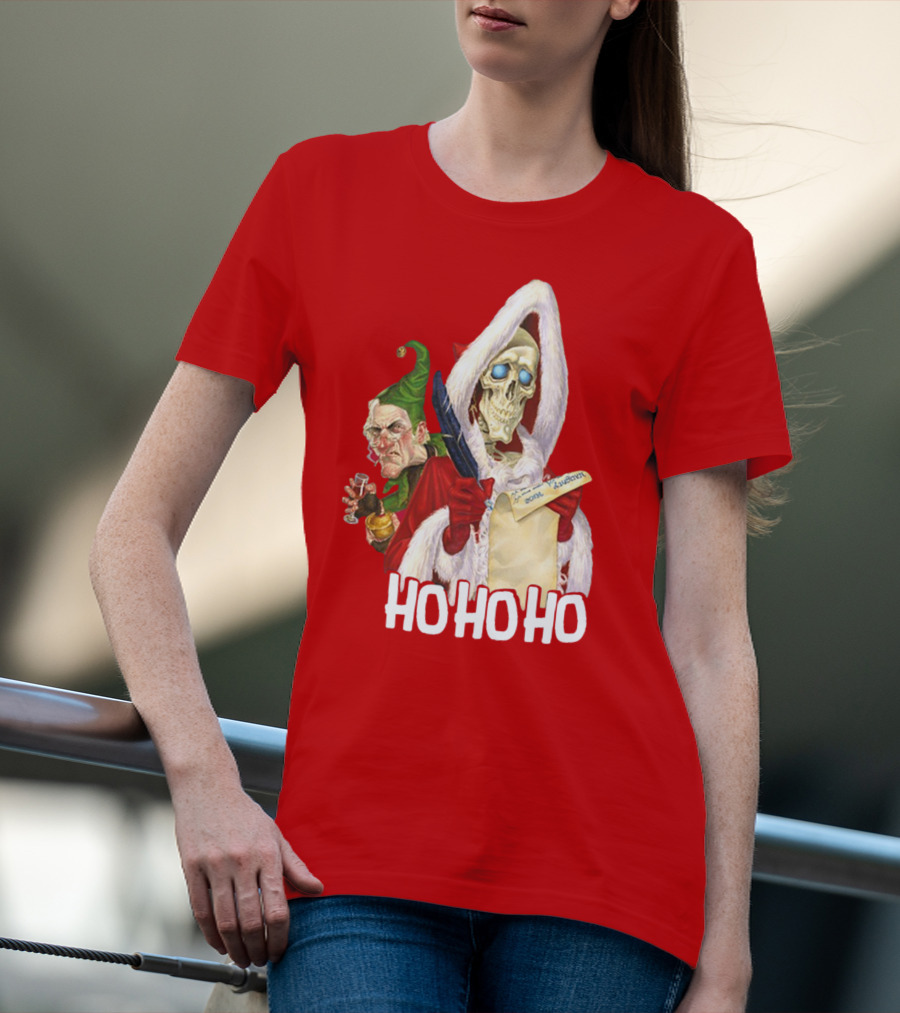 Ho Ho Ho Death With Albert Hogs Santa Skeleton And Elf T-Shirt