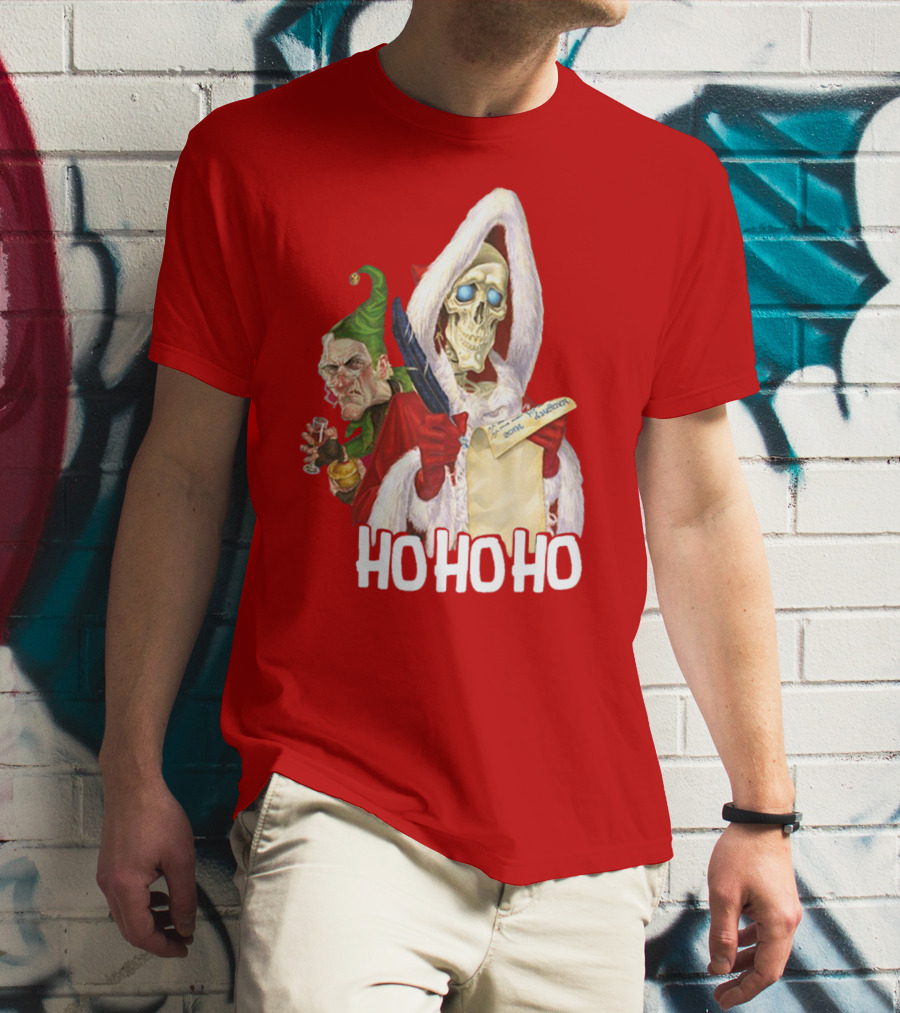 Ho Ho Ho Death With Albert Hogs Santa Skeleton And Elf T-Shirt