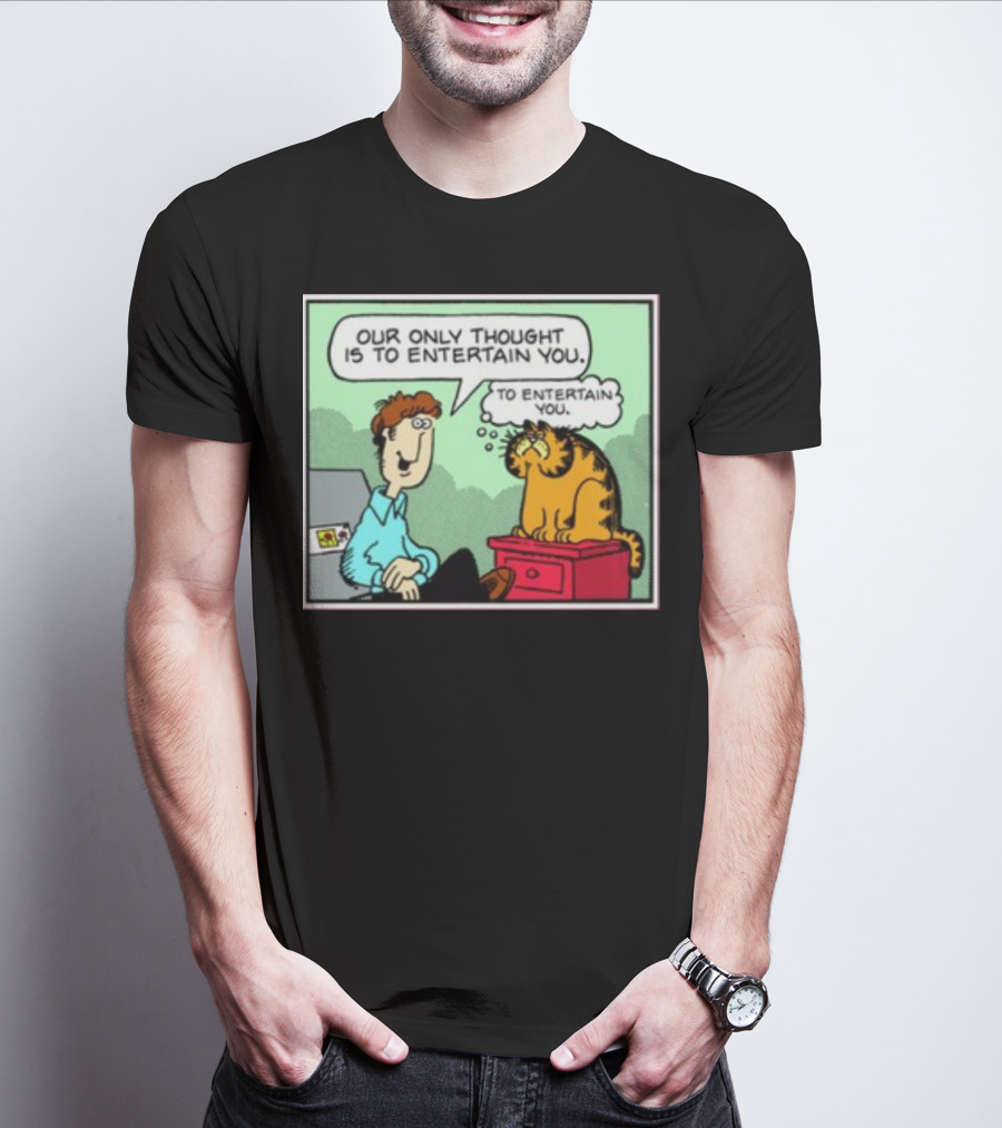 Quinton Reviews Our Only Thought Is To Entertain You Cartoon Cat Humorous Speech Bubble T-Shirt