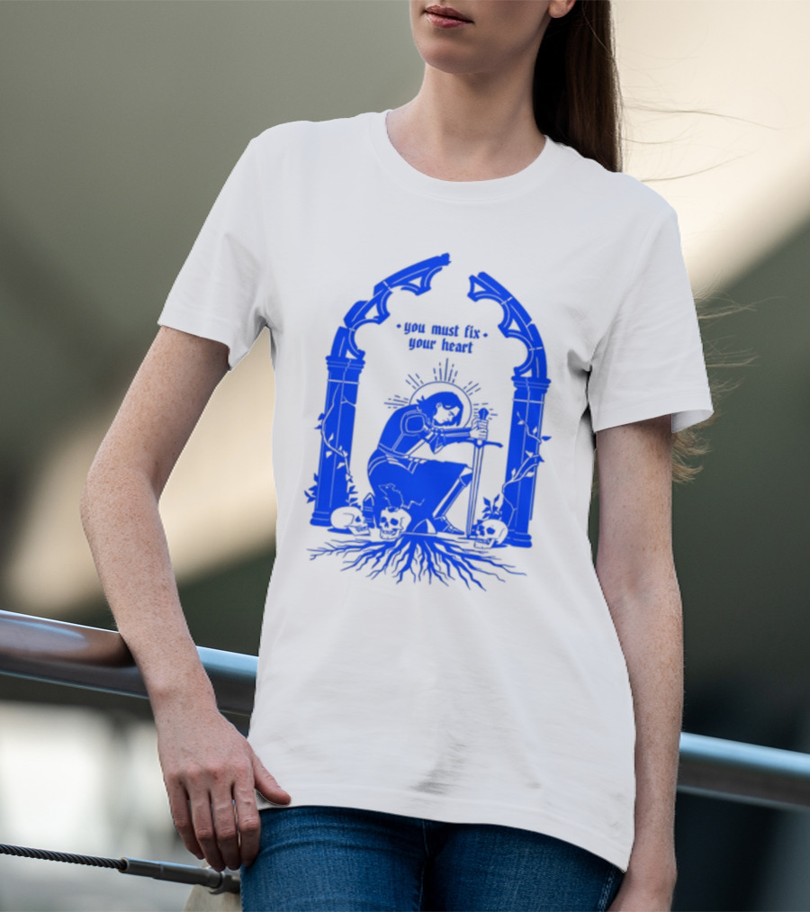 You Must Fix Your Heart Kneeling Skeleton With Sword And Skull Gothic Arch T-Shirt