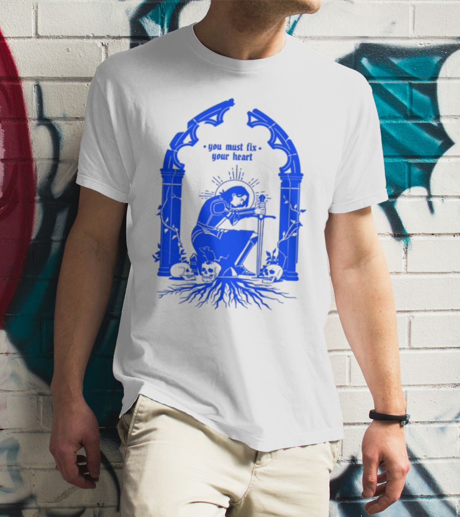 You Must Fix Your Heart Kneeling Skeleton With Sword And Skull Gothic Arch T-Shirt