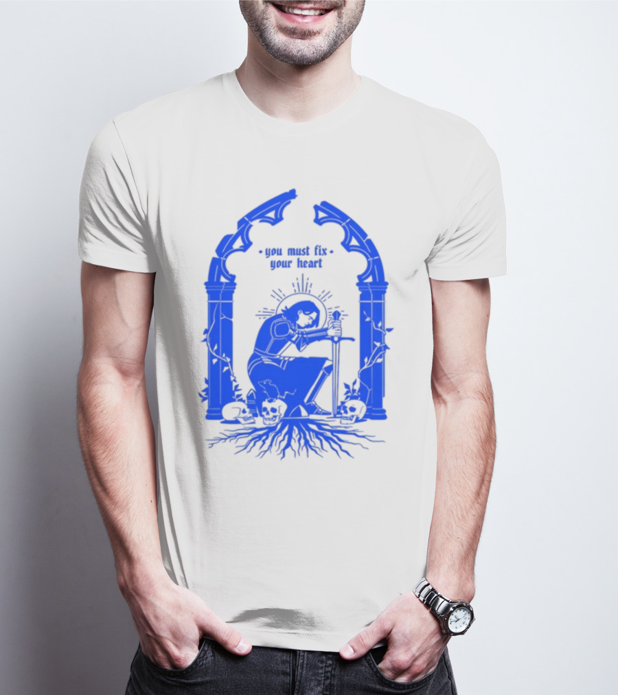 You Must Fix Your Heart Kneeling Skeleton With Sword And Skull Gothic Arch T-Shirt