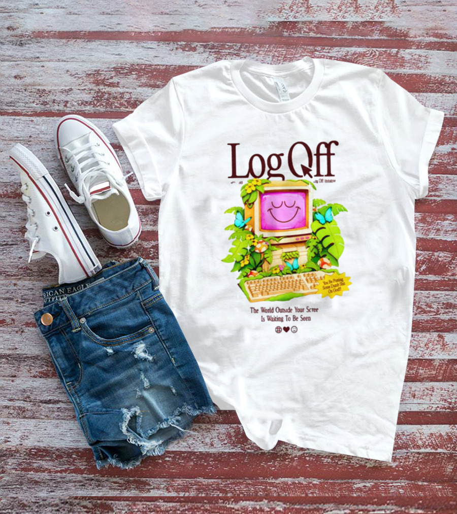 Log Off The World Outside Your Screen Is Waiting To Be Seen Vintage Computer Jungle Aesthetic T-Shirt